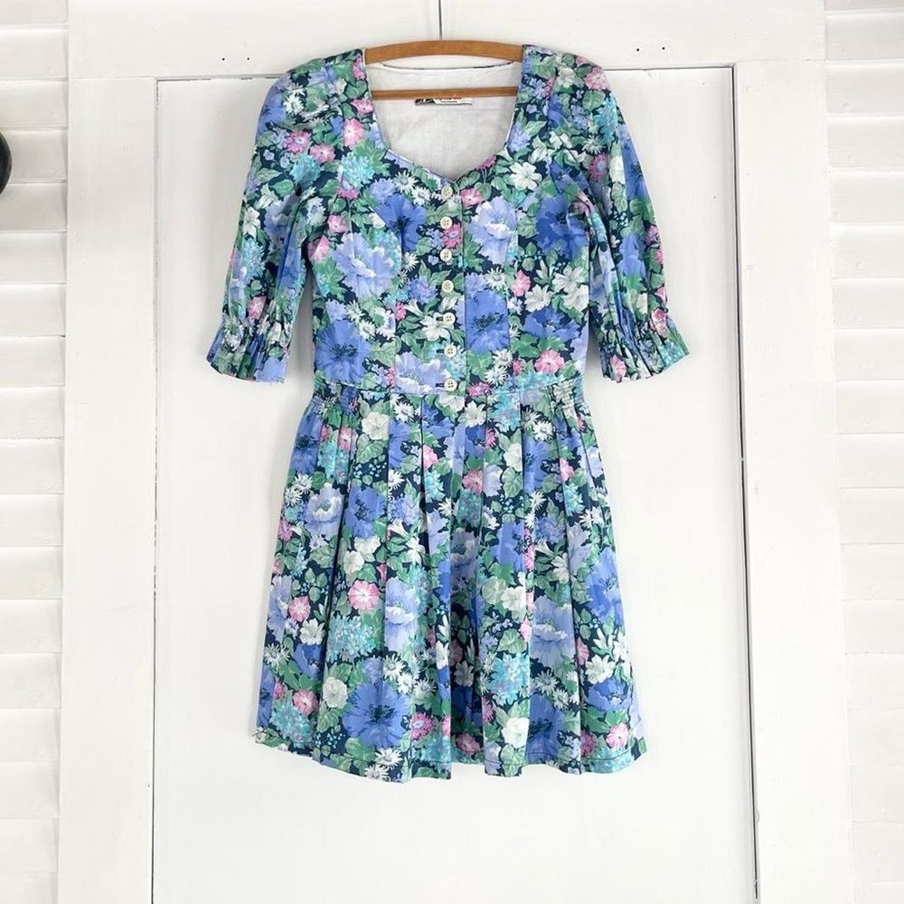 Beautiful Vintage Floral Cotton Austrian Dirndl Cottage Dress 0 2 4 XS Womens - Picture 2 of 6